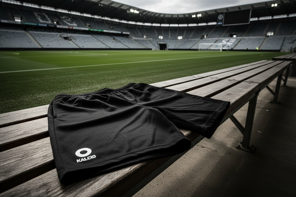 Kalcio Track Shorts draped over a football dugout seat